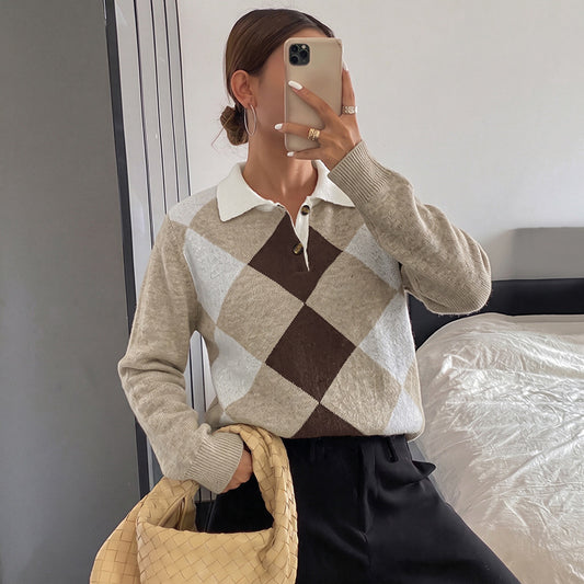 Argyle Polo Knit Sweater Colorblock Button Front Pullover