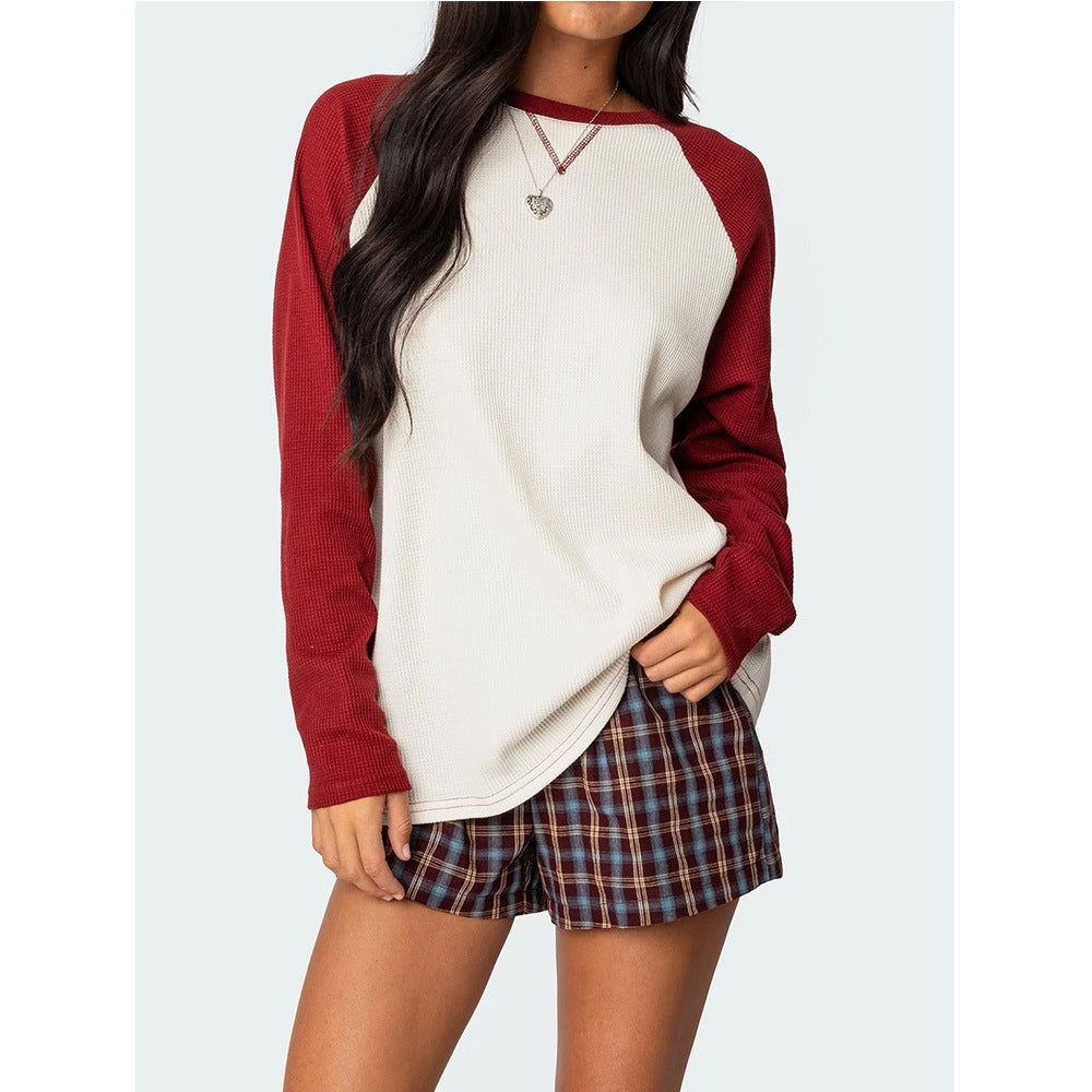 Colorblock Raglan Sleeve Waffle Knit Top