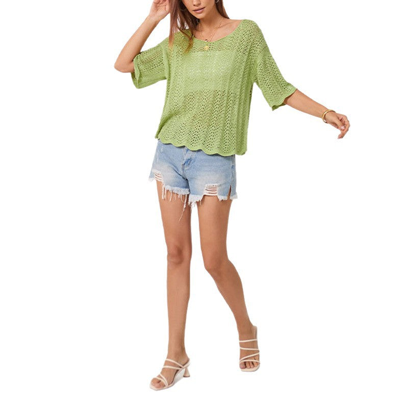 2026 Summer Women’s Loose Knit Hollow Round Neck Top