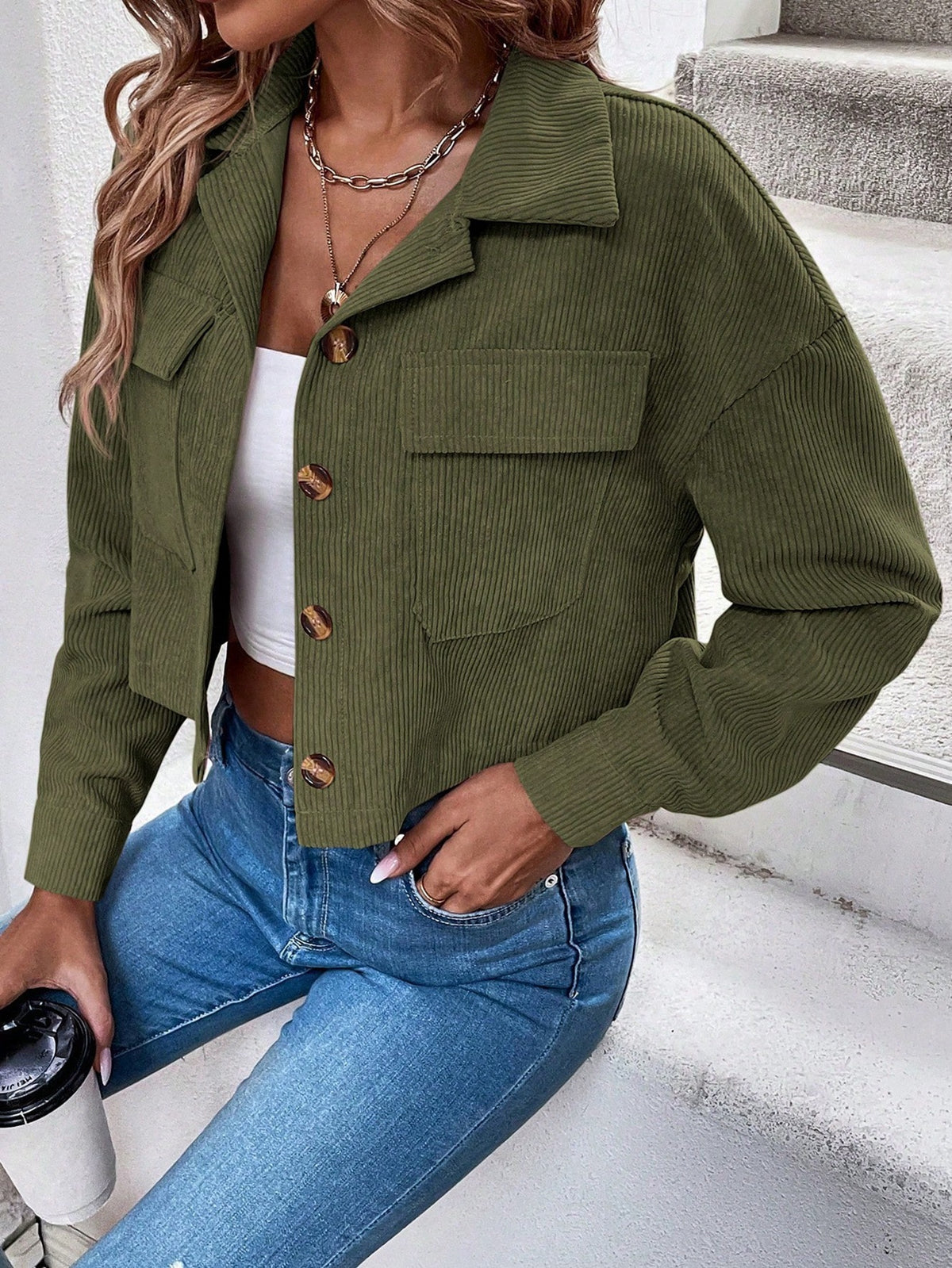 Women Corduroy Cropped Shacket Button Up Jacket