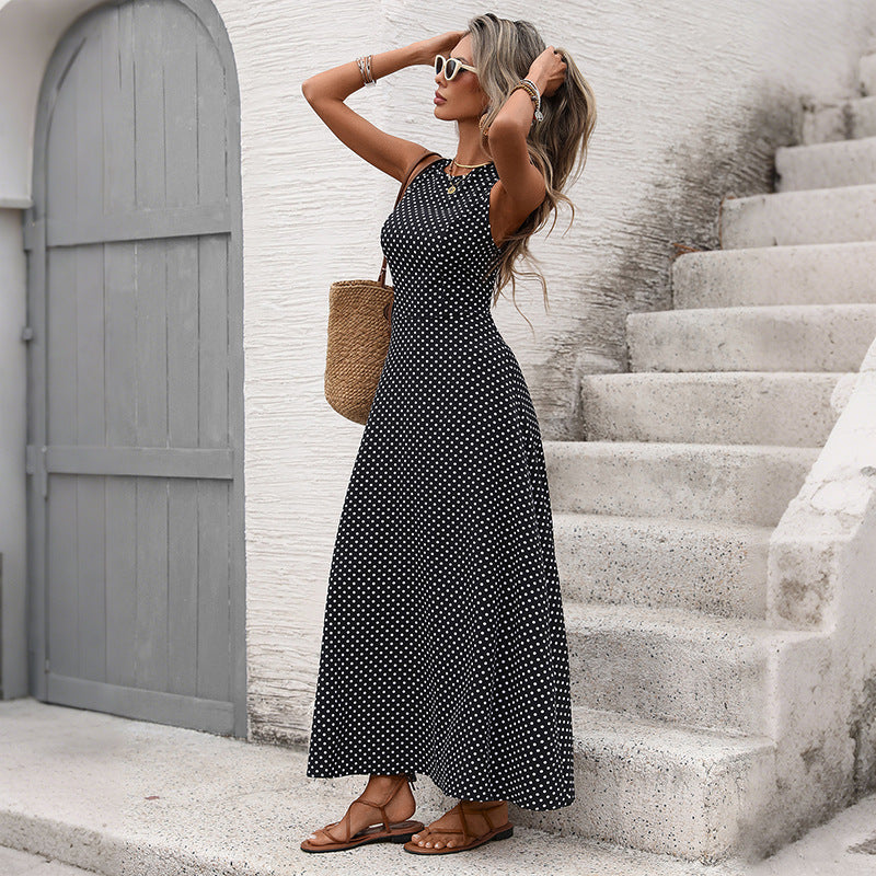 Polka Dot Open Back Tie Sleeveless Maxi Dress for Women