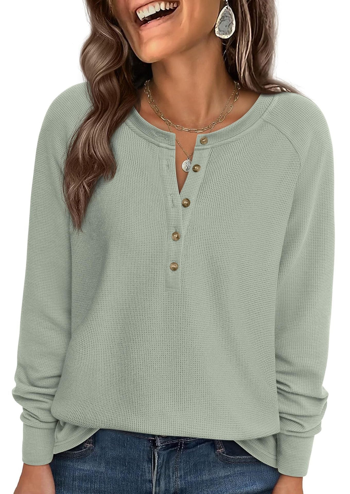 Henley Button Front Waffle Knit Long Sleeve Top