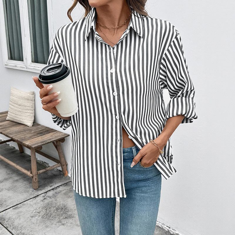 Black White Striped Button Down Long Sleeve Shirt Jacket