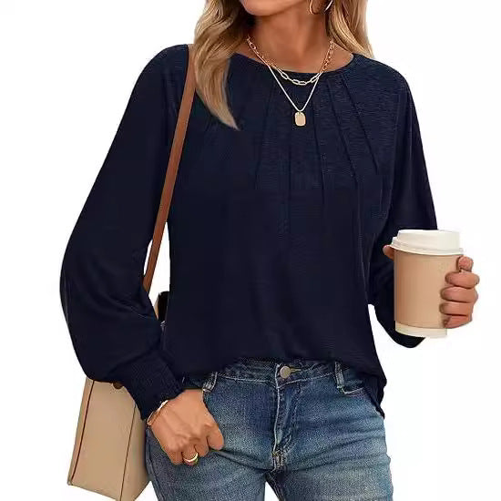 Women's Pleated Crew Neck Lantern Sleeve Oversized Pullover