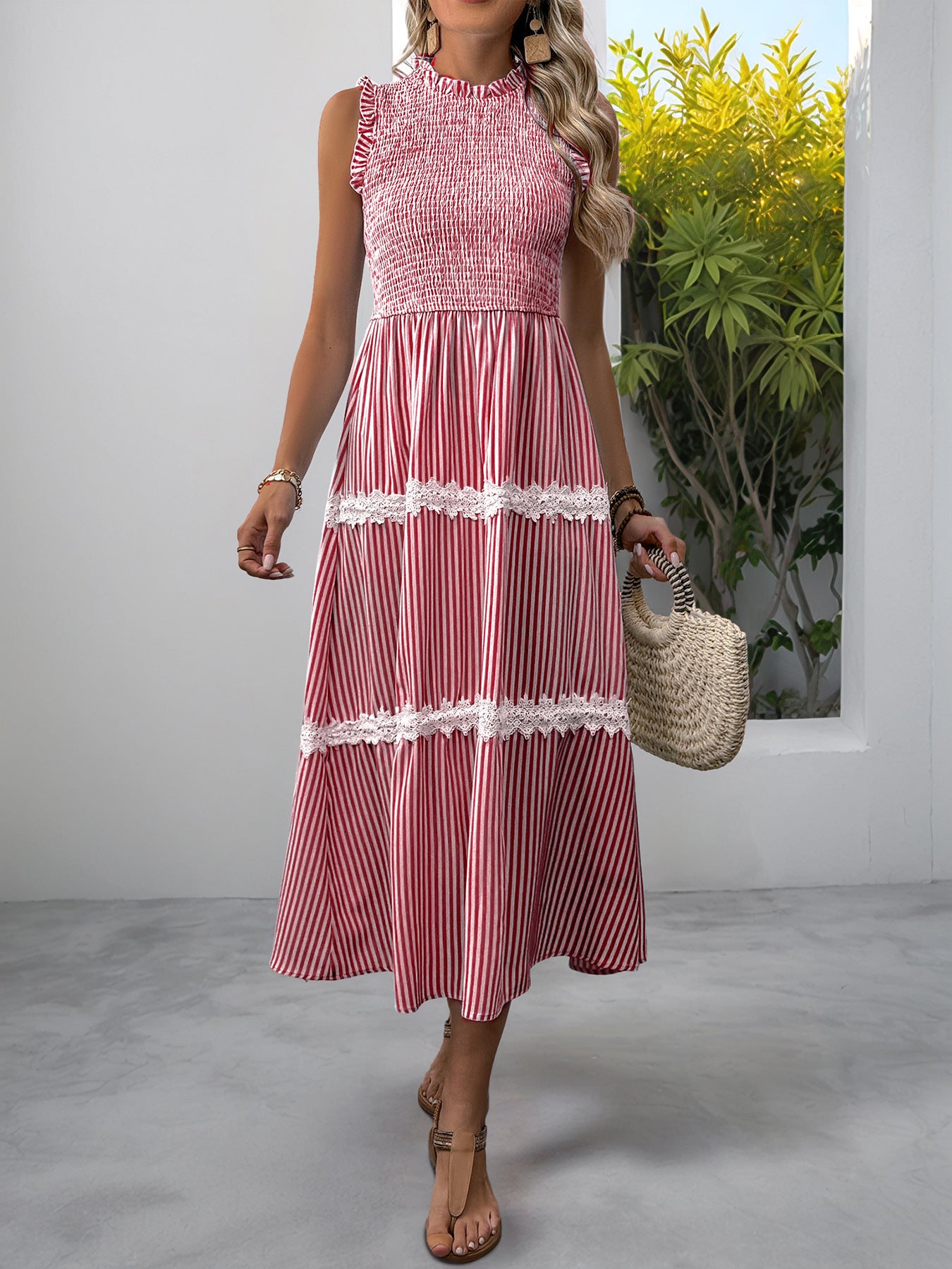 Striped Lace Trim Sleeveless Midi Dress for Summer