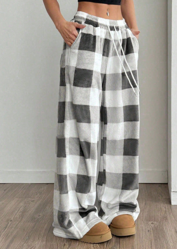 Plaid Fleece Pants Casual Oversized Wide Leg