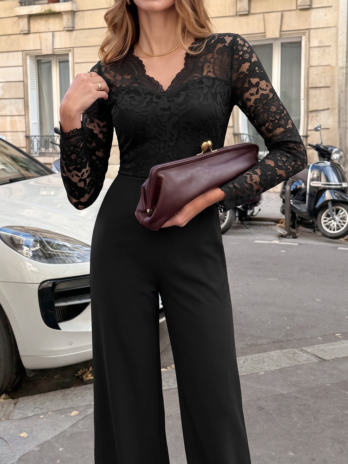 Black Lace V-Neck Wide Leg Jumpsuit Long Sleeve