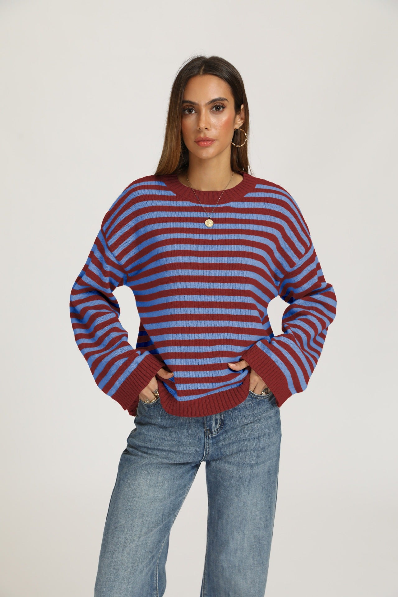 Striped Oversized Crew Neck Knit Sweater Casual Pullover