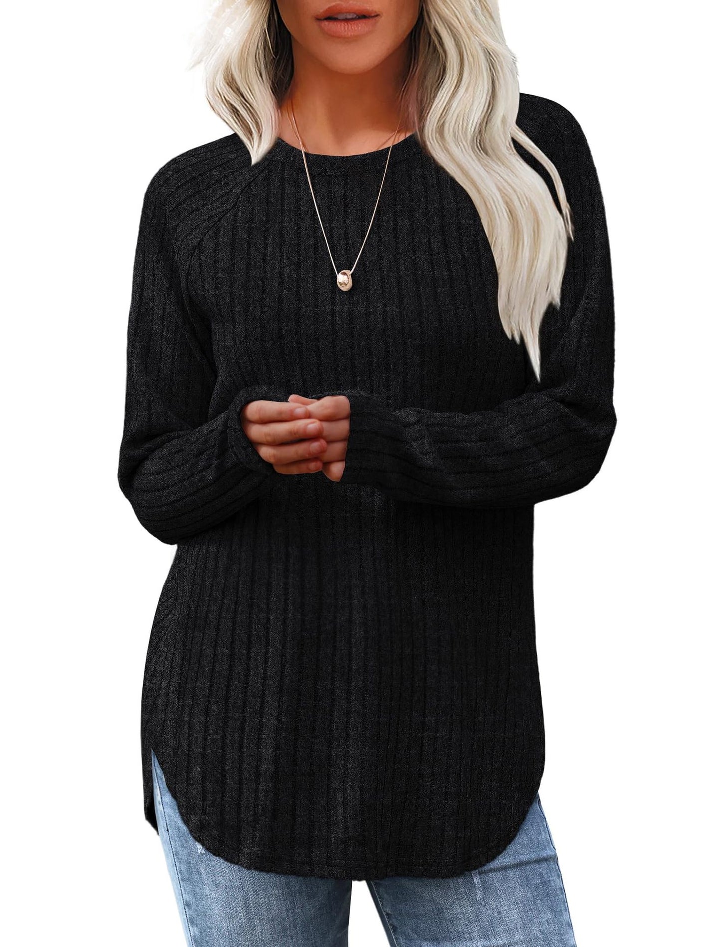 Solid Ribbed Knit Tunic Top Curved Hem Long Sleeve