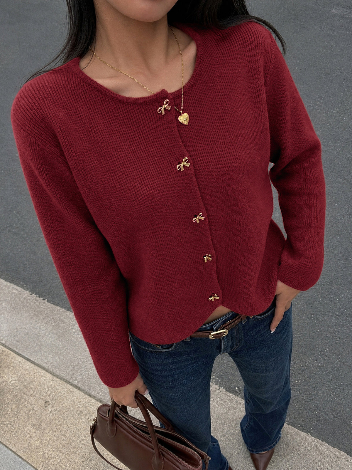 Women's Burgundy Crew Neck Gold Button Cardigan Sweater