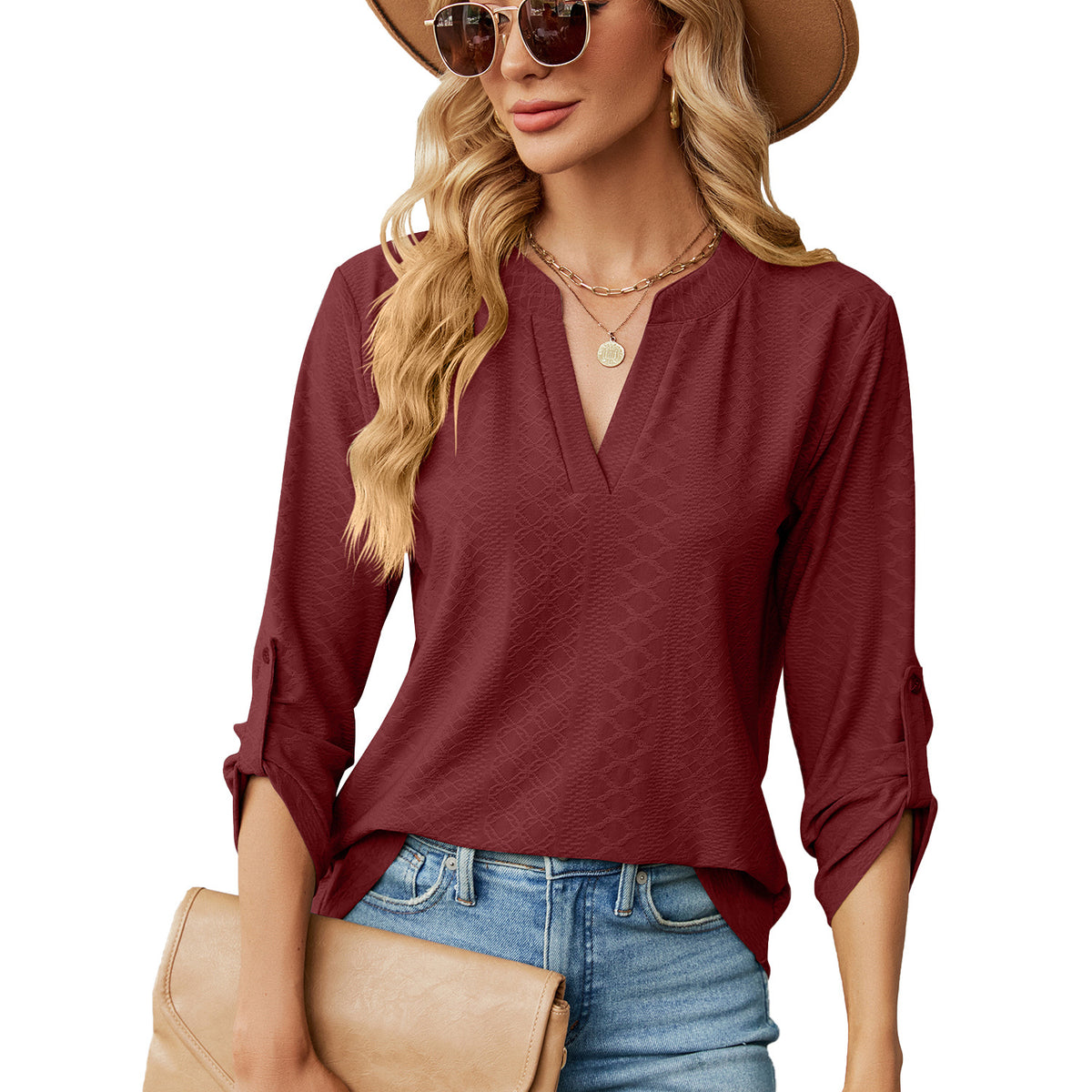 Women's V Neck 3/4 Sleeve Button Loose Fit Blouse Top