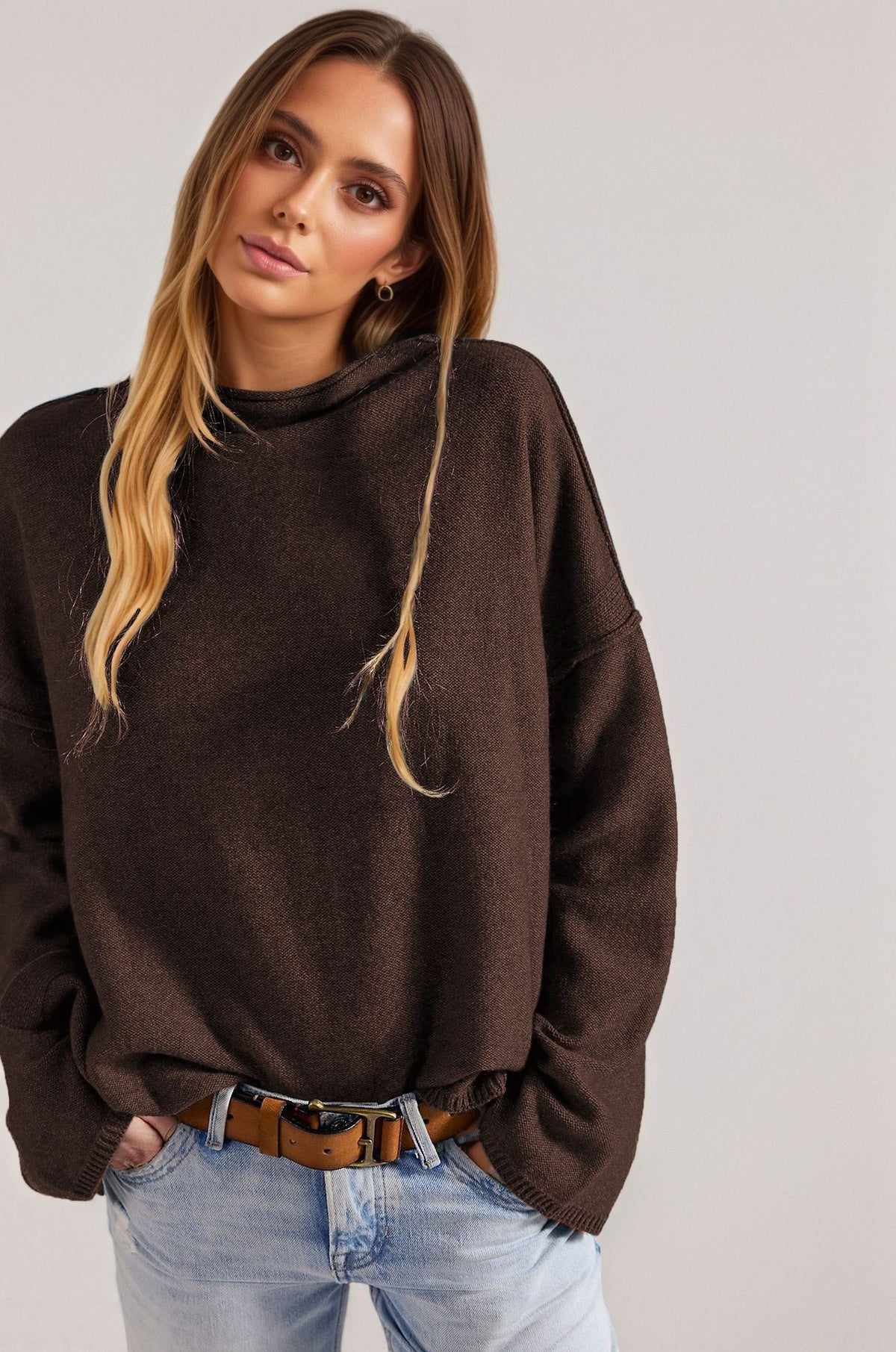 Women's Oversized Crew Neck Knit Sweater with Side Slit