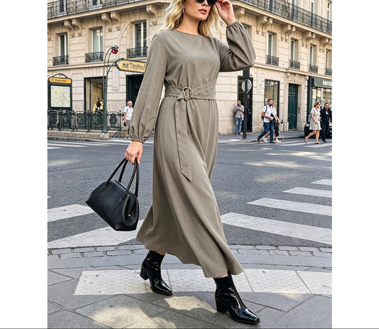 Plus Size Solid Belted Long Sleeve Maxi Dress