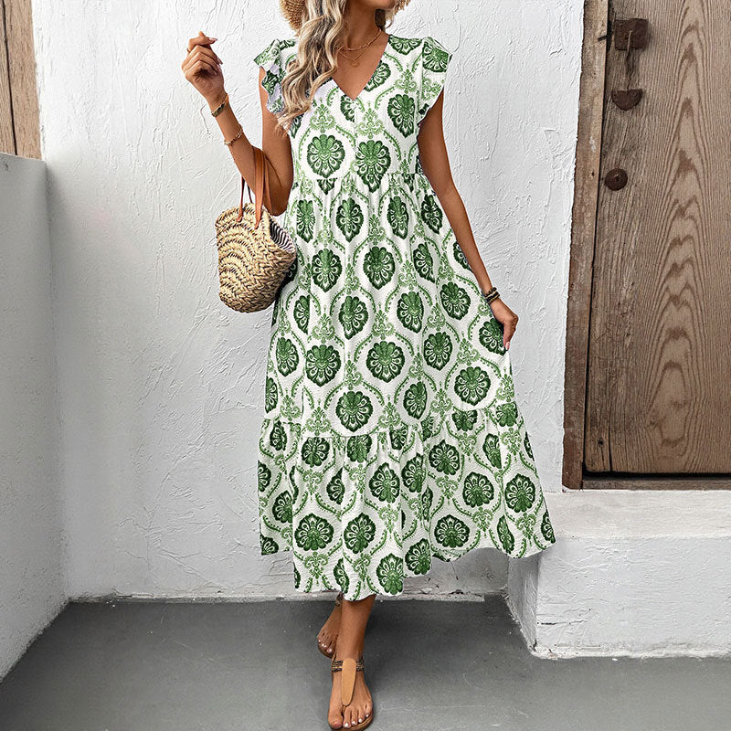 Loose-Fit Deep V-Neck Floral Print Maxi Dress - Stylish and Comfortable Women's Long Dress
