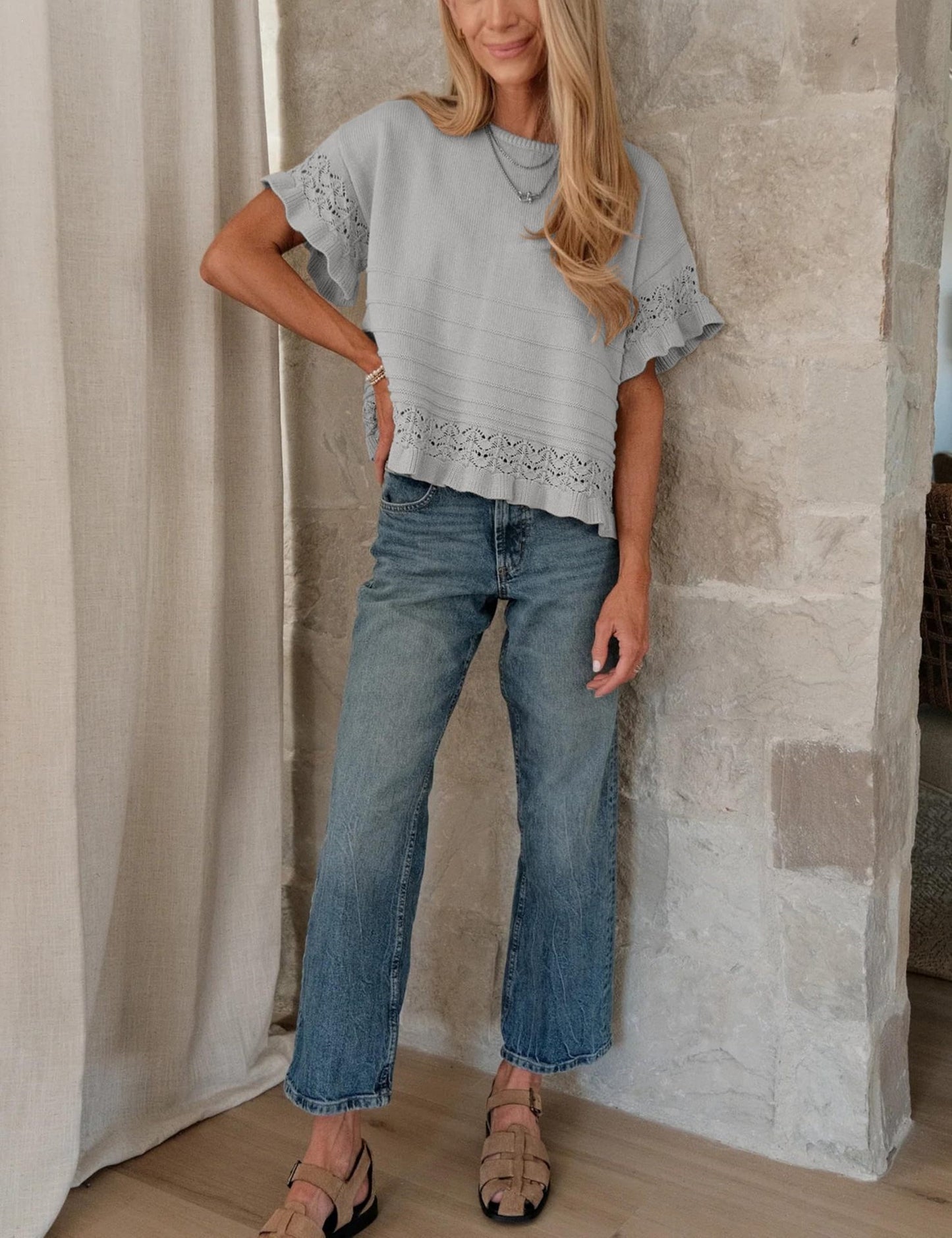 Solid Knit Top Casual Eyelet Ruffle Sleeve