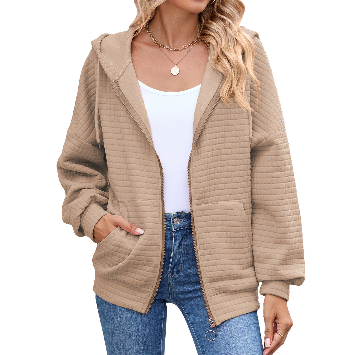 Women's Oversized Quilted Zip-Up Hoodie Jacket Pockets