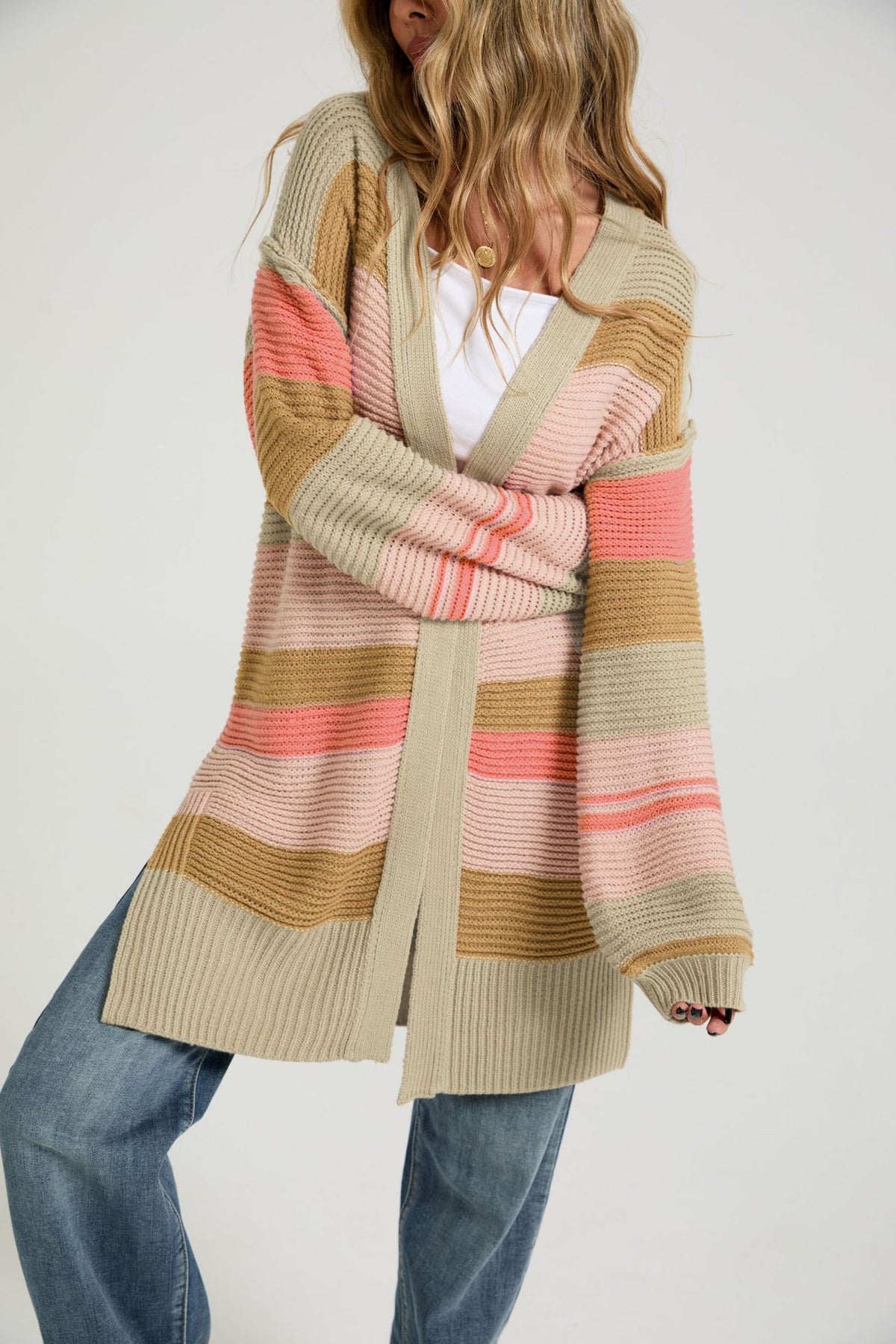 Striped Color Block Long Cardigan Open Front Knit Sweater
