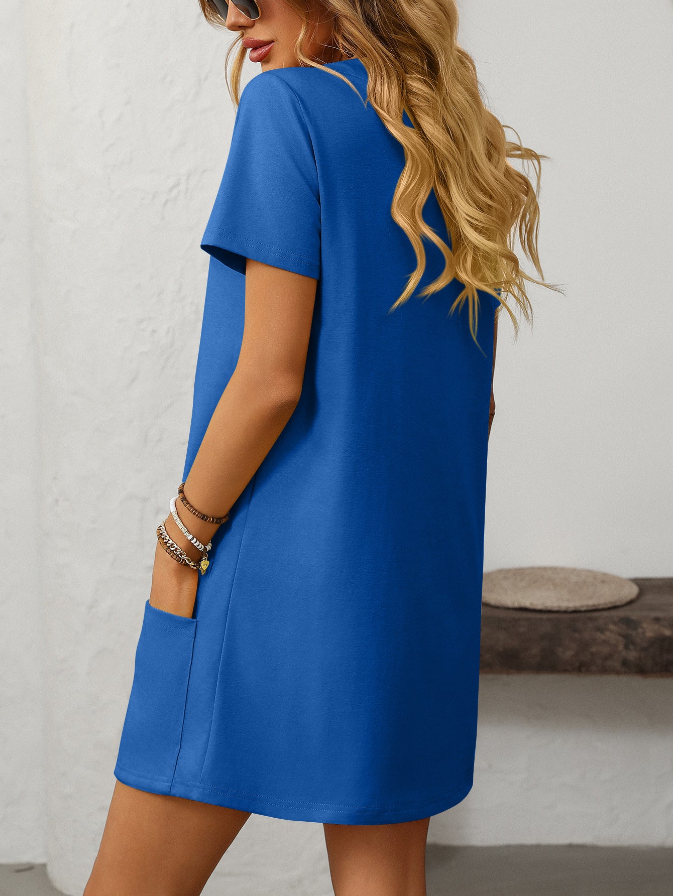 Solid Color Casual Square Neck Short Sleeve Mini Dresses with Pockets