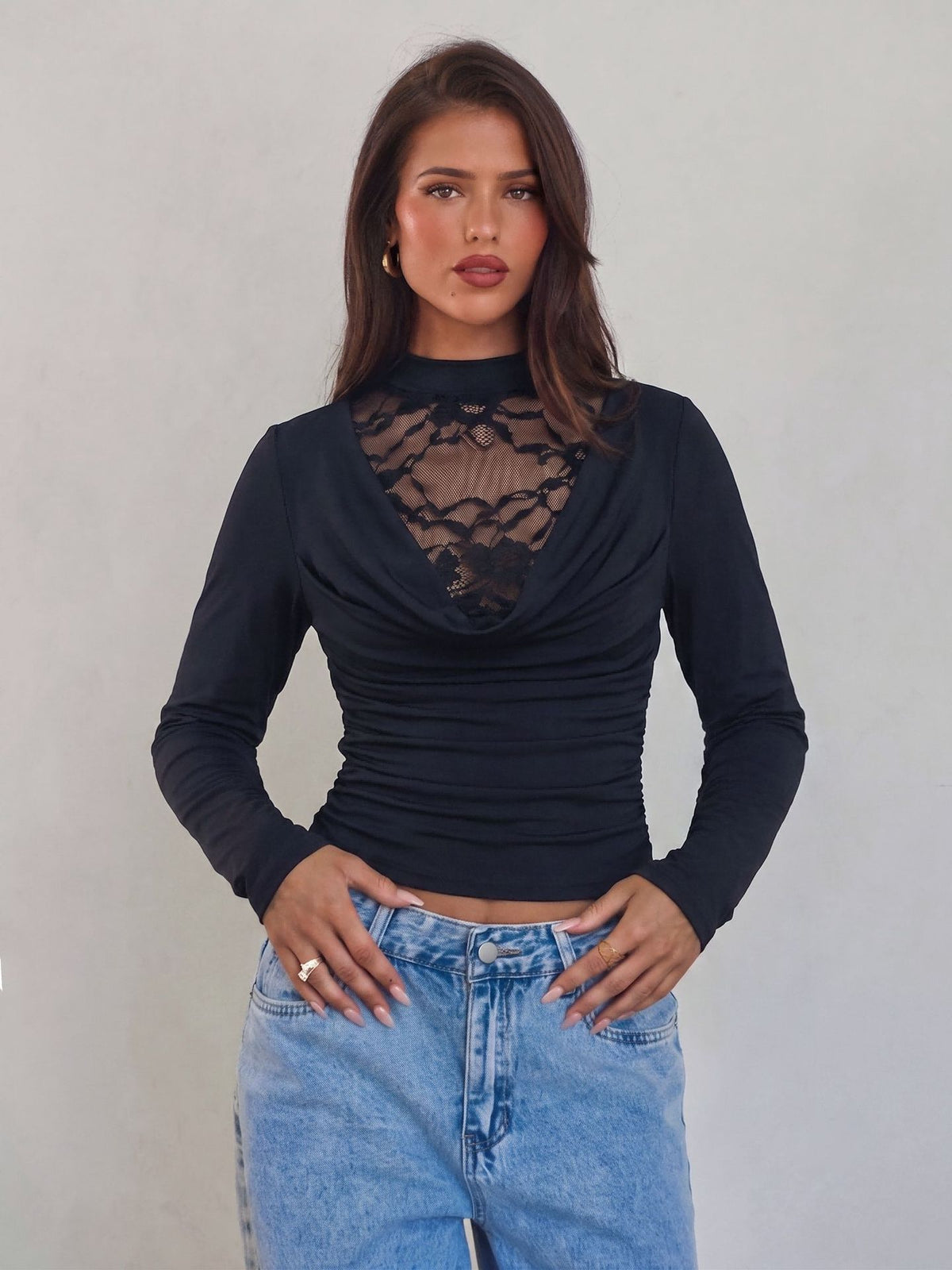 Women's Sexy Lace Cowl Neck Long Sleeve Fitted Top
