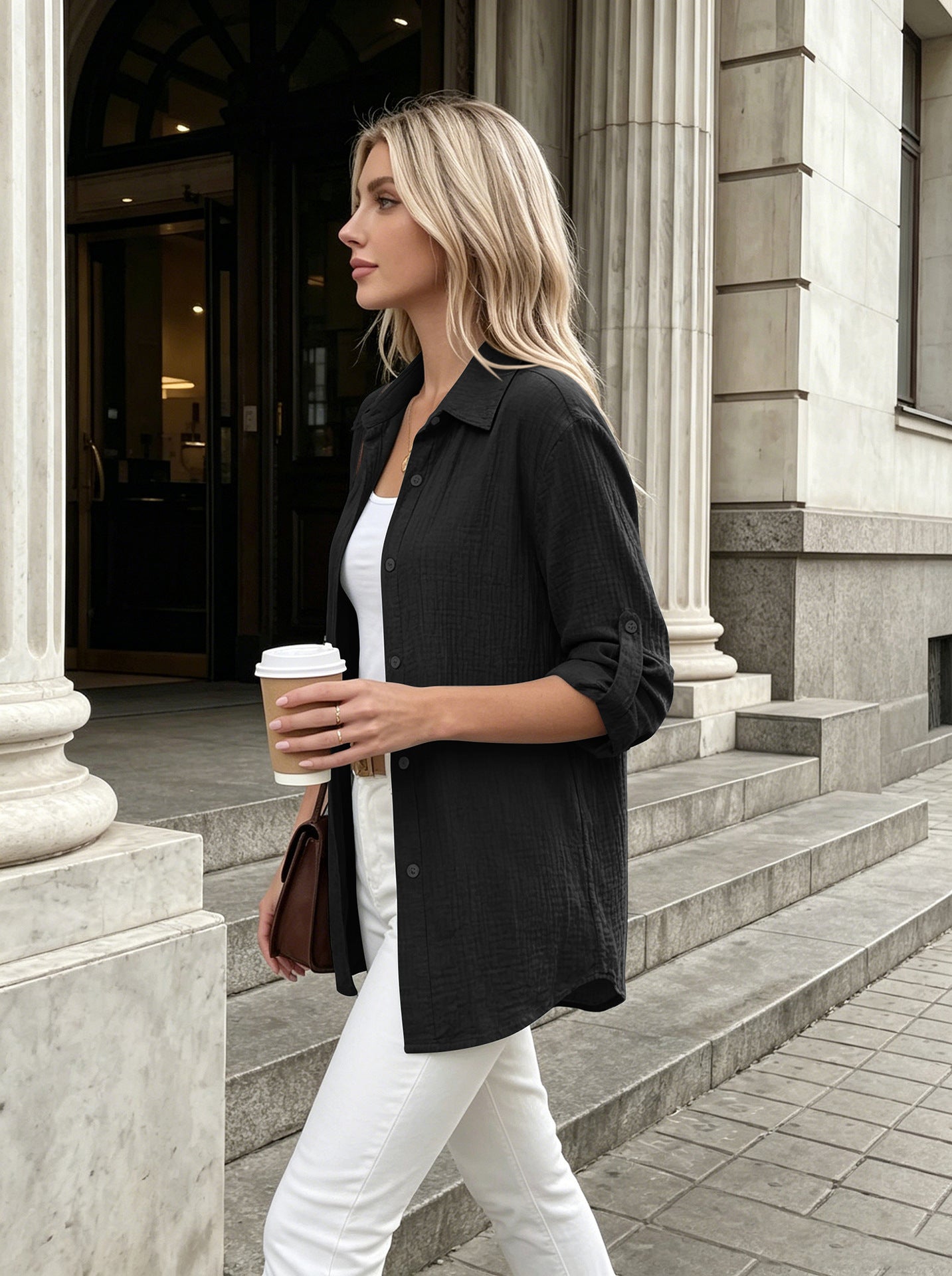 Textured Button Up Long Sleeve Shirt Jacket