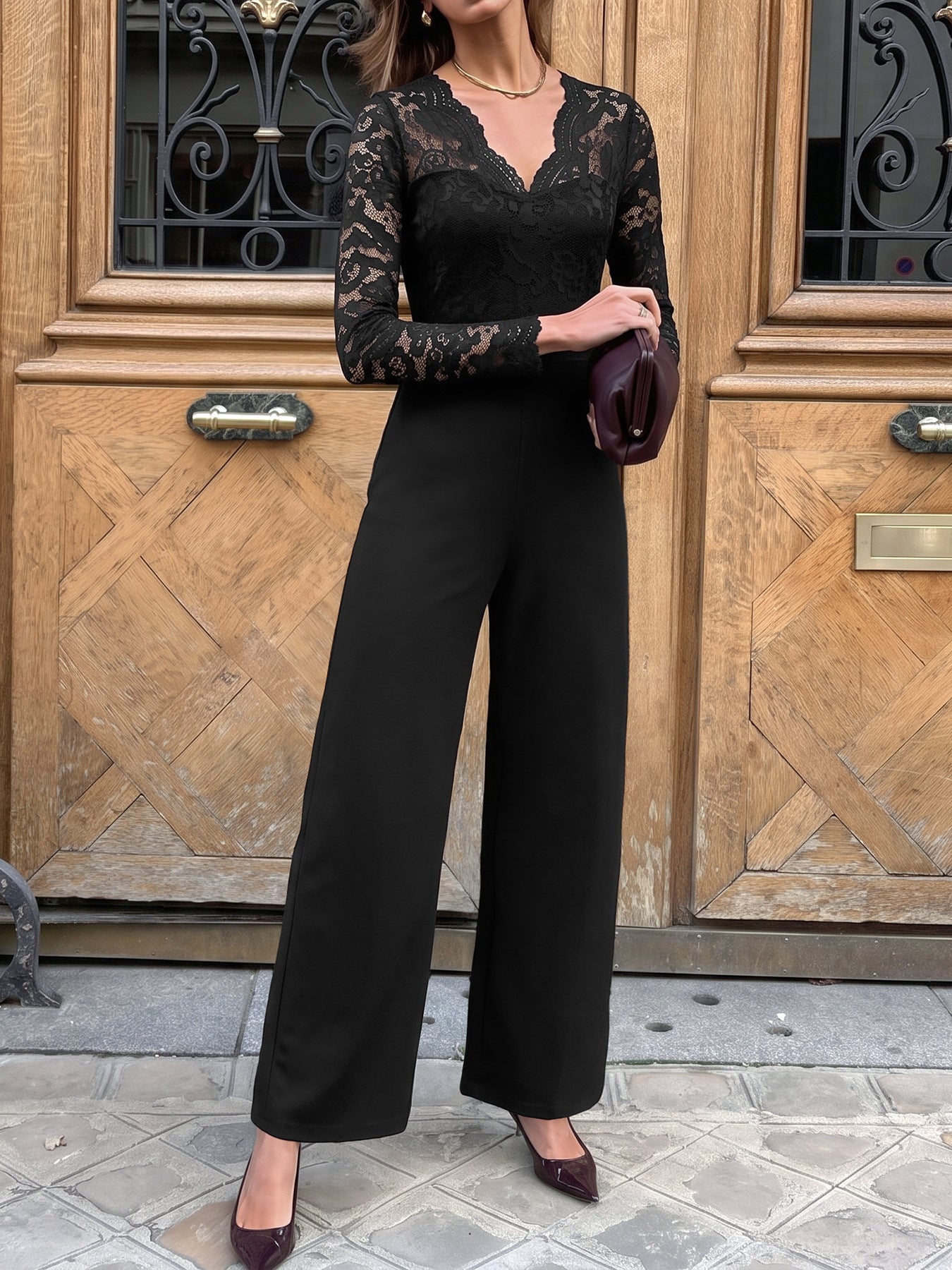 Black Lace V-Neck Wide Leg Jumpsuit Long Sleeve