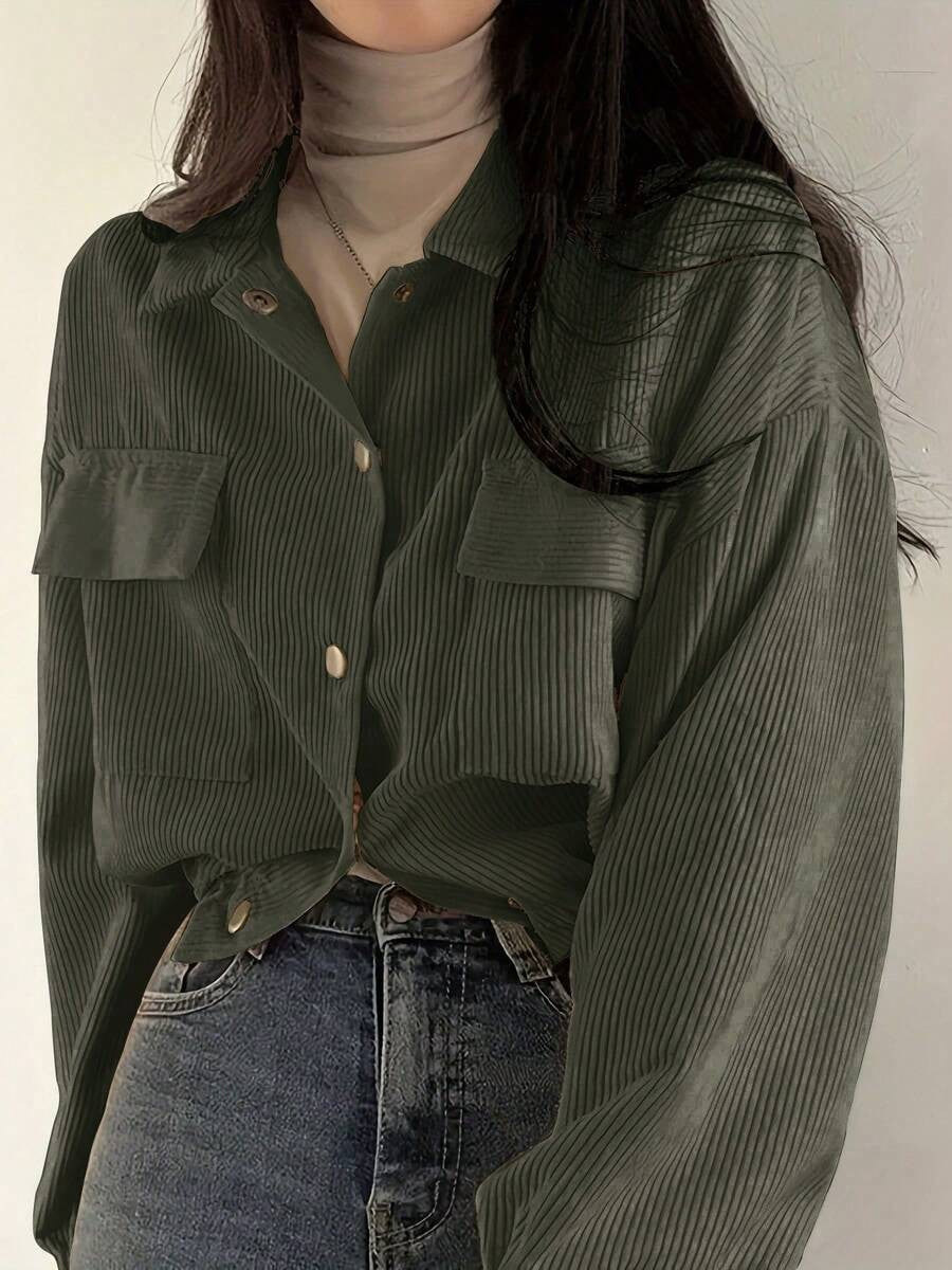 Cropped Corduroy Shacket Drawstring Hem