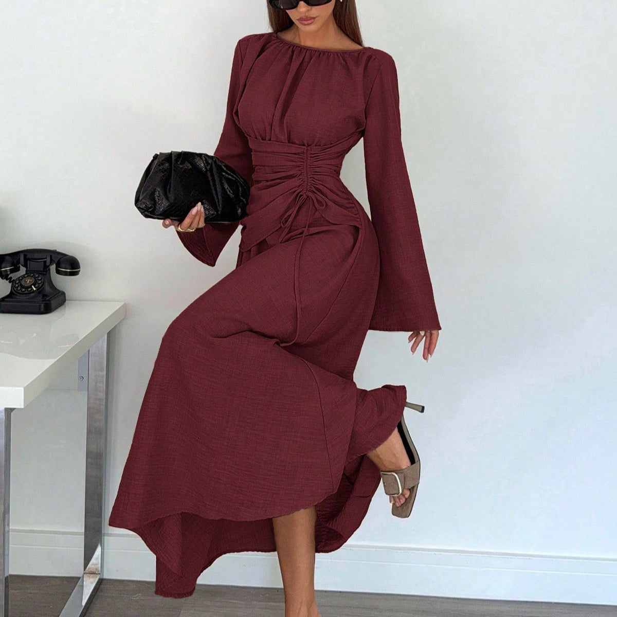 Women's Long Sleeve Tie Waist Ruched Midi Dress