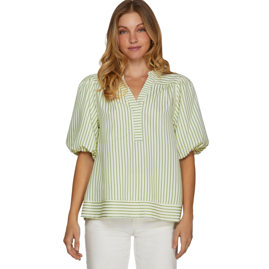 Striped V Neck Puff Sleeve Patchwork Blouse Top