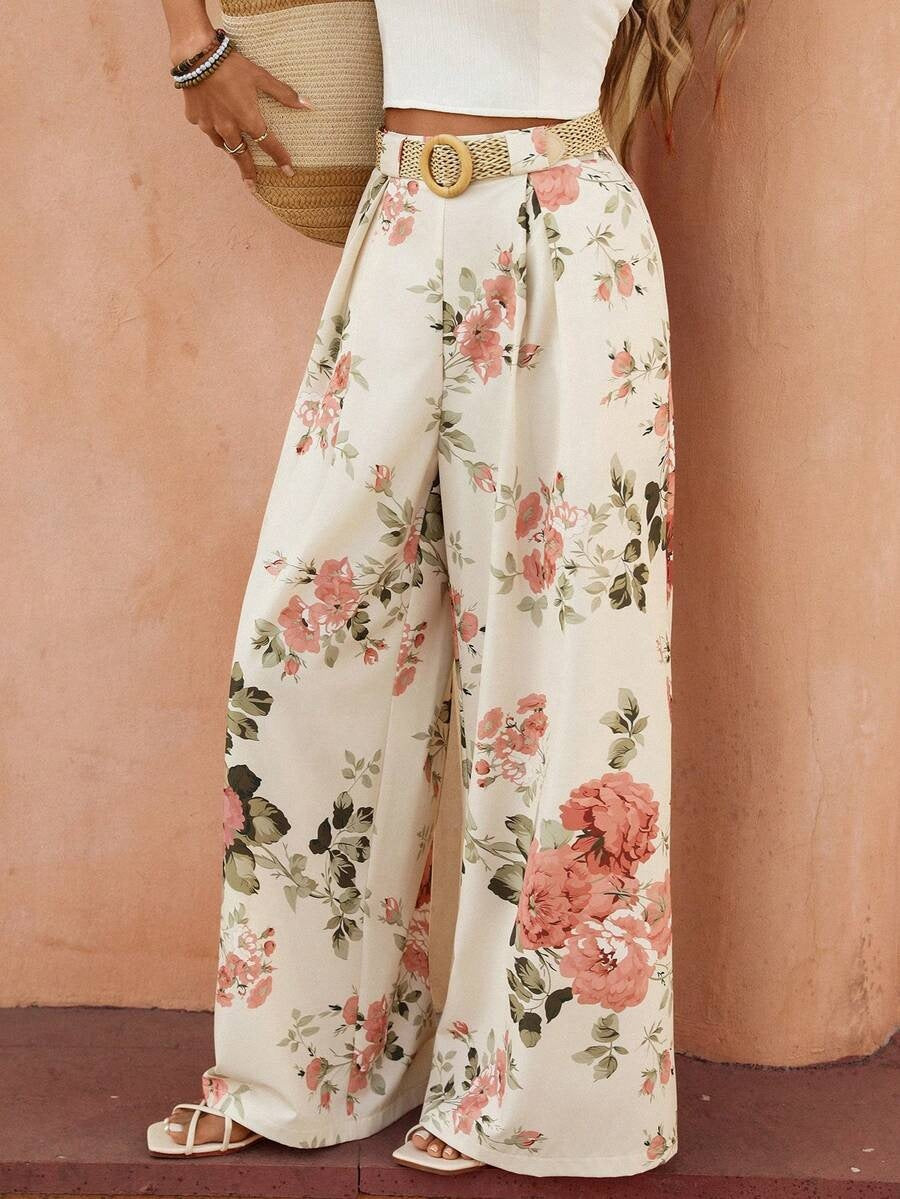 High Waisted Floral Wide Leg Palazzo Pants with Pockets