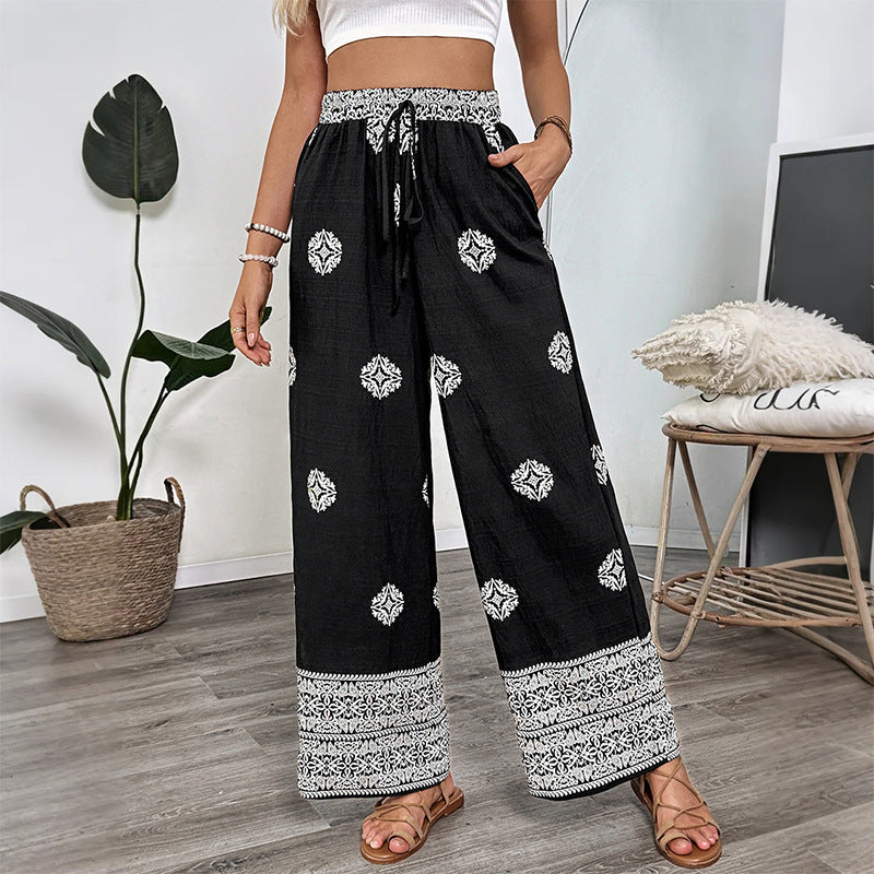Boho Print Elastic Waist Wide Leg Vacation Pants