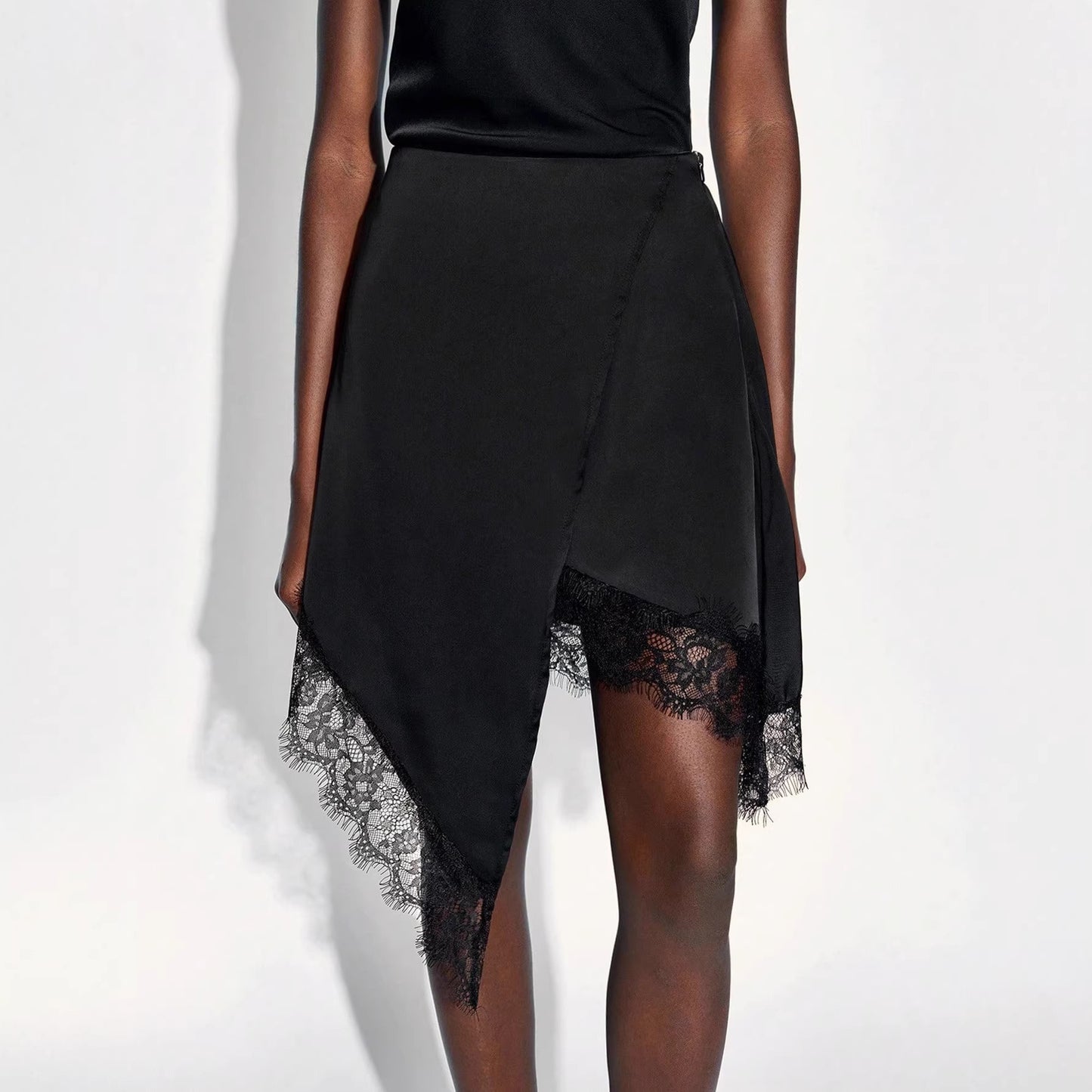 Black Lace Trim Asymmetrical Wrap Midi Skirt for Women