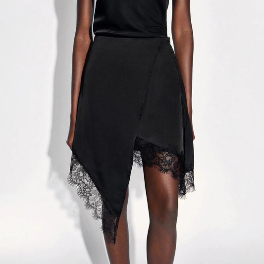 Black Lace Trim Asymmetrical Wrap Midi Skirt for Women