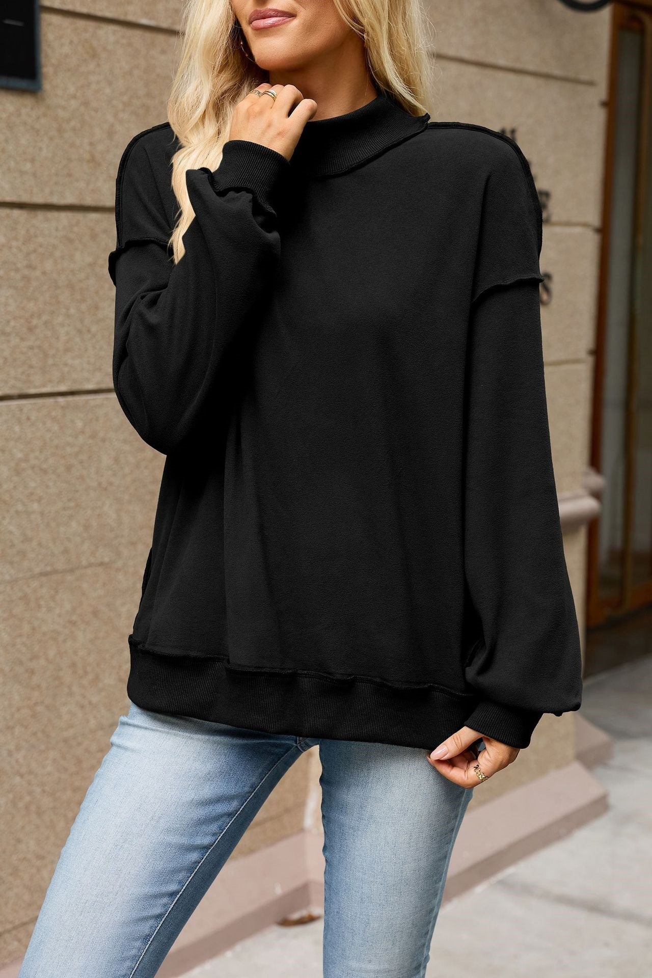 Mock Neck Exposed Seam Oversized Sweatshirt