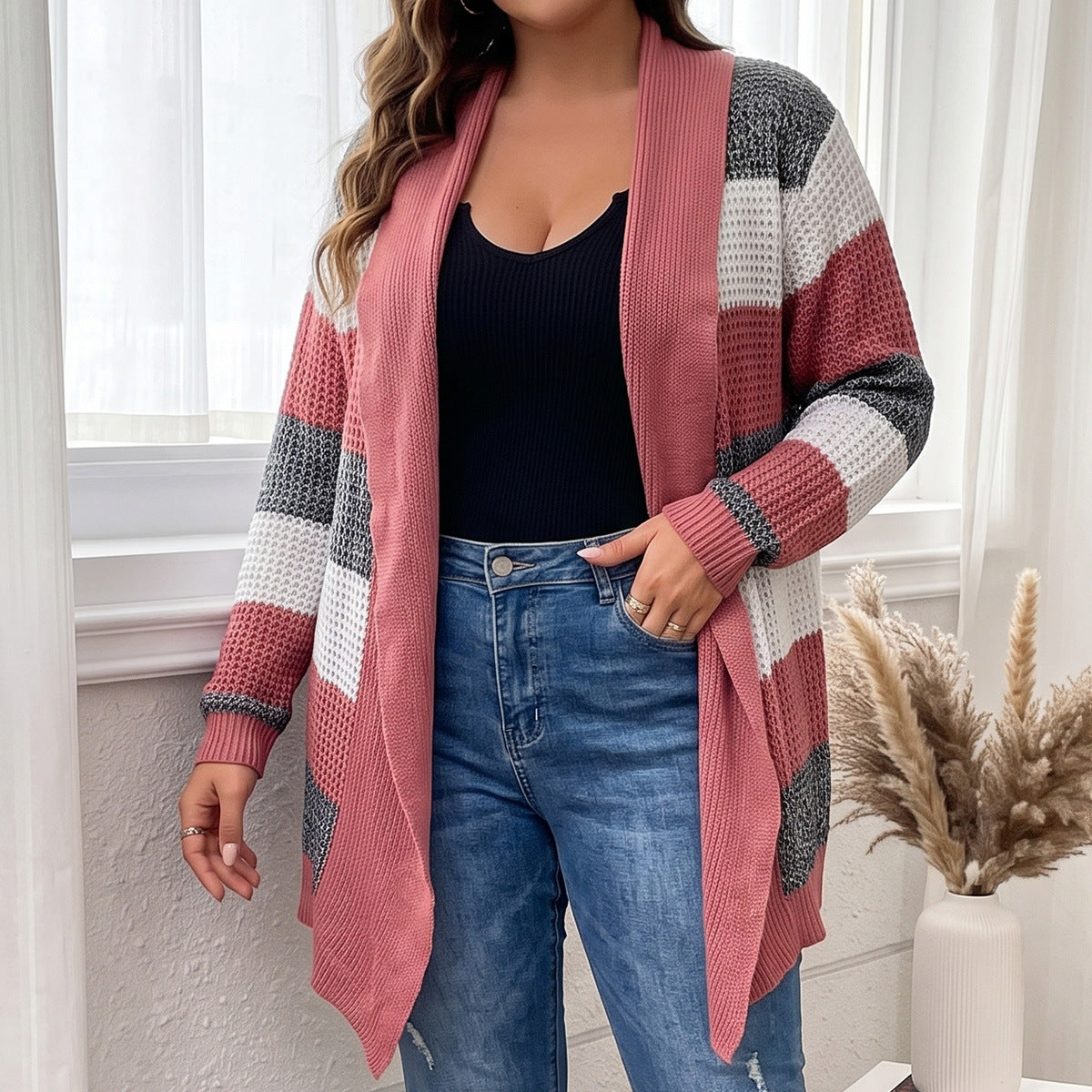 Plus Size Color Block Open Front Cardigan Sweater