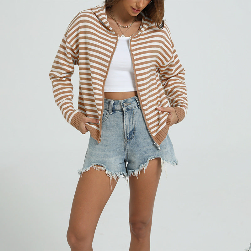 Women's Striped Hooded Zip-Up Cardigan Sweater