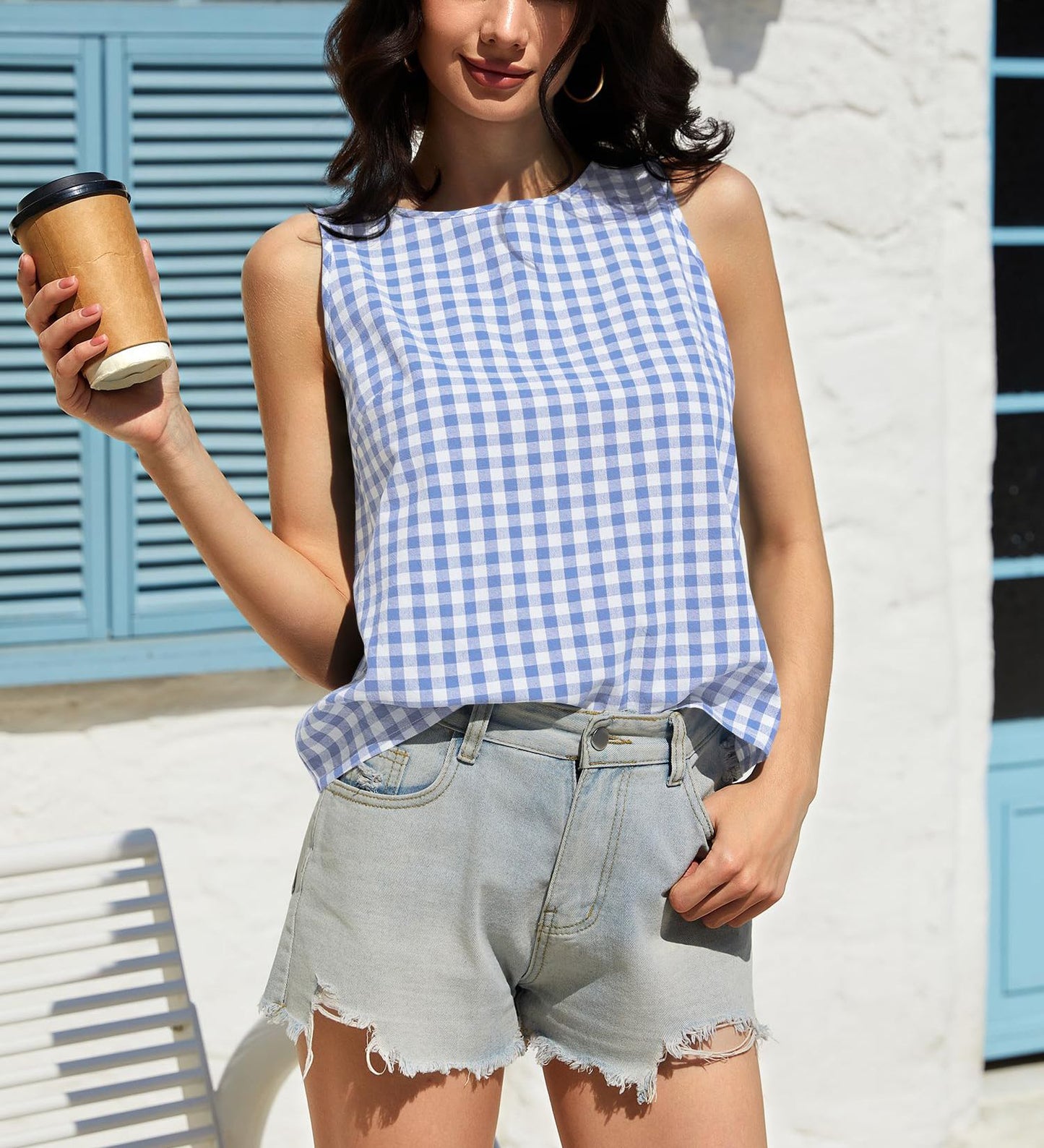 Gingham Cotton Tank Top Casual Sleeveless Crew Neck