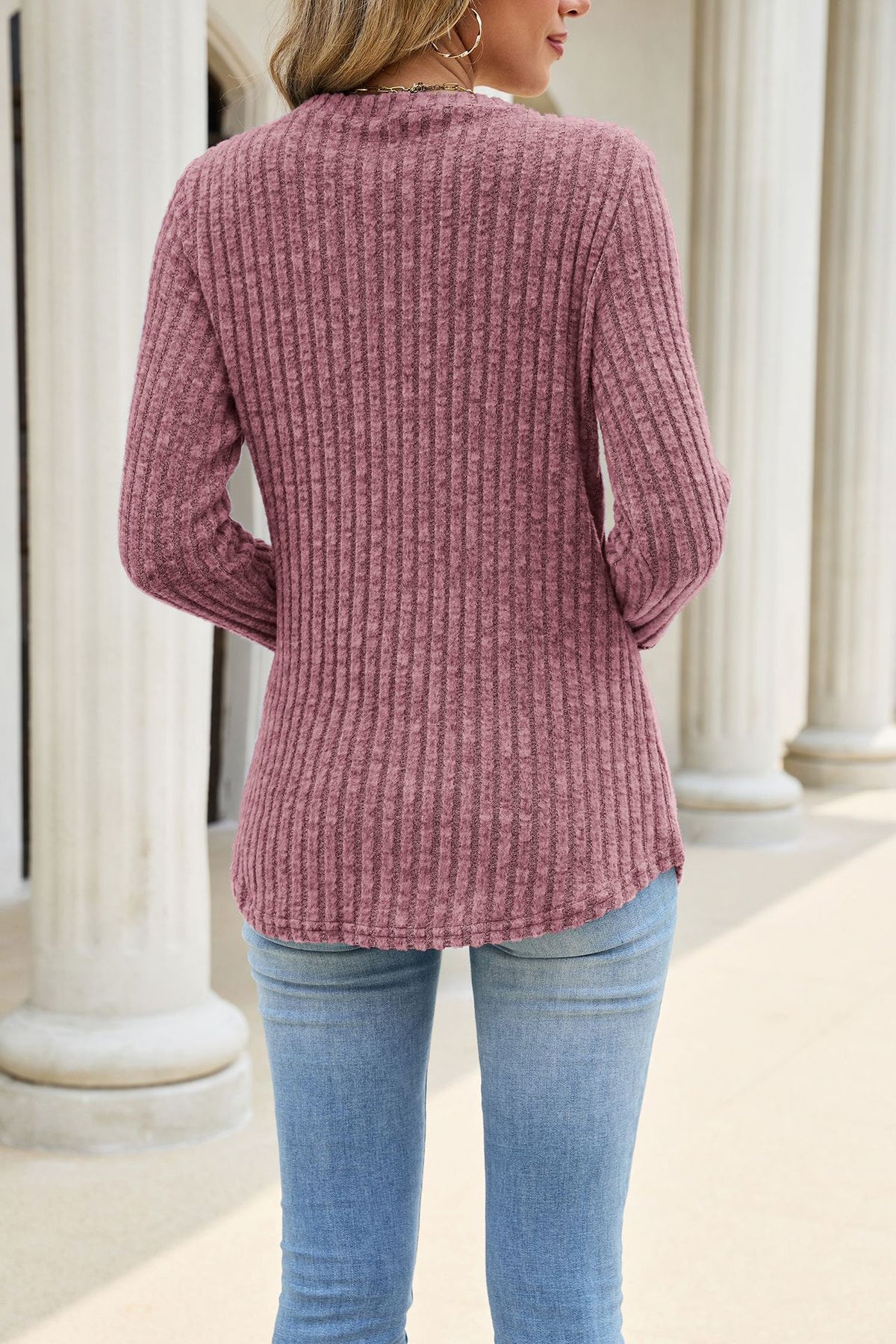 Women's Eyelet Cuff Ribbed Tunic Top Long Sleeve Loose Fit