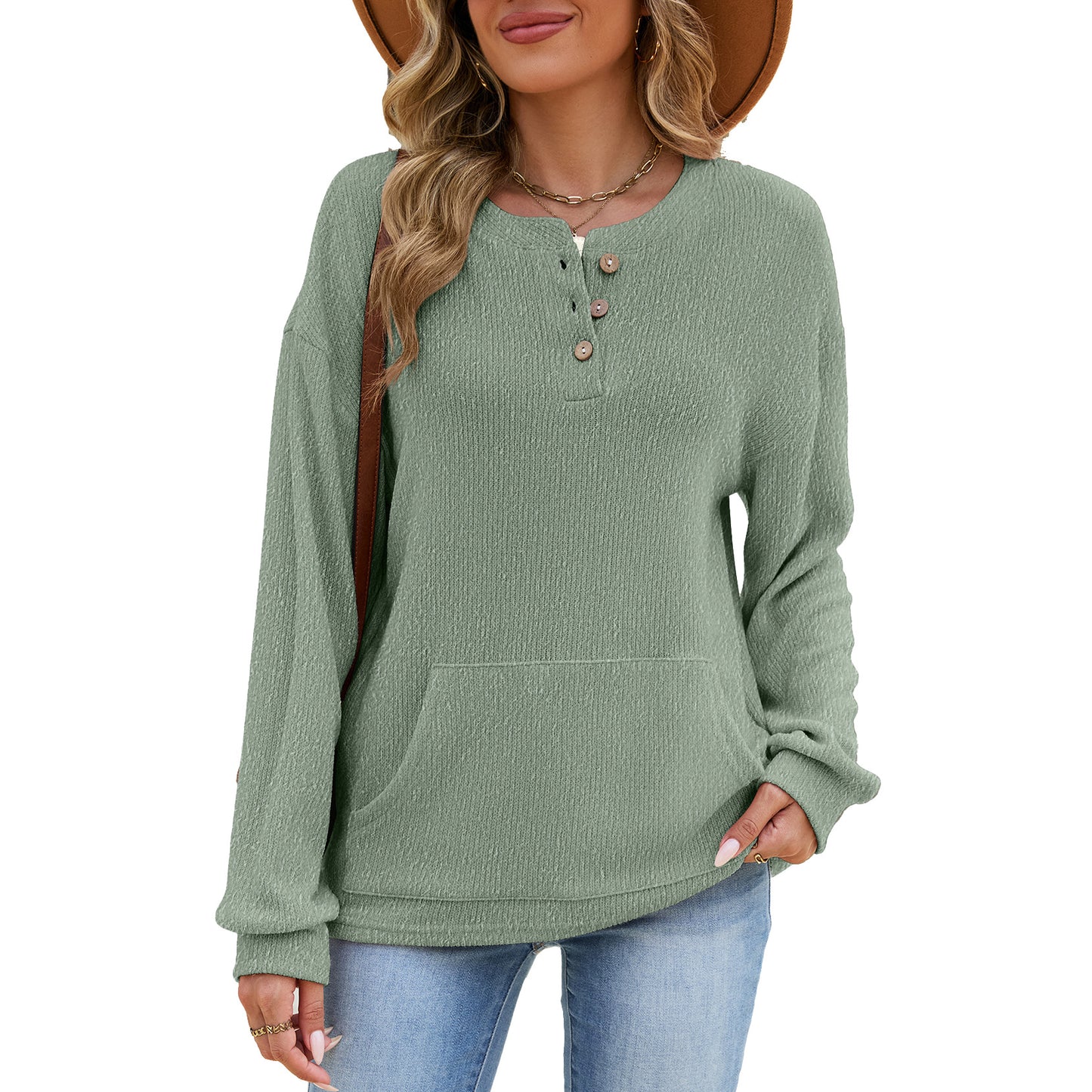 Women's Waffle Henley Pocket Sweatshirt Long Sleeve Oversized