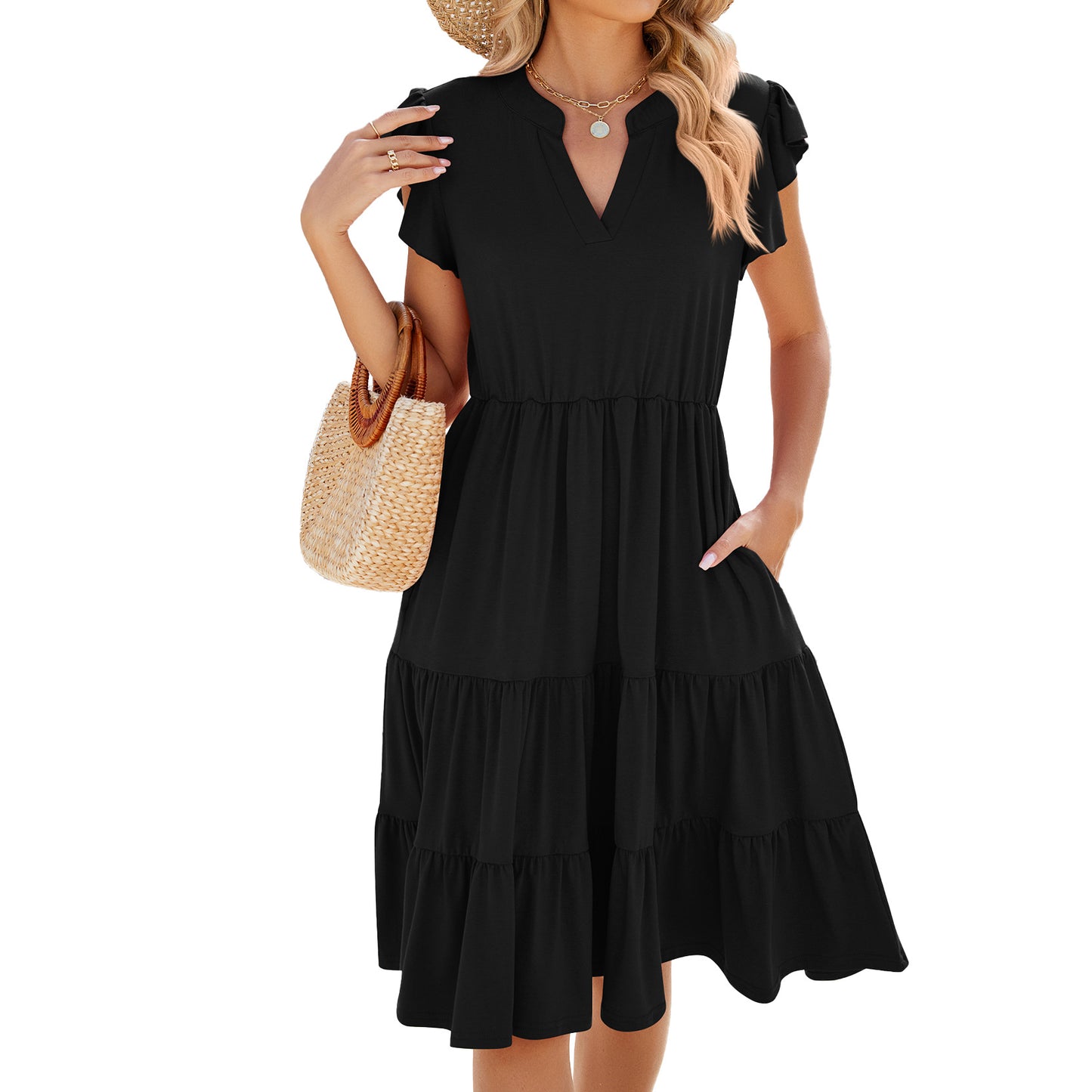Women’s V-Neck Short Sleeve Tiered Midi Dress