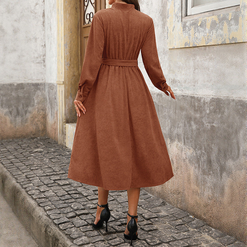 Corduroy V Neck Midi Dress Belted Waist Long Sleeve