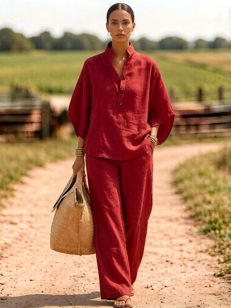 Solid Linen Blend Button Top Wide Leg Pant Set