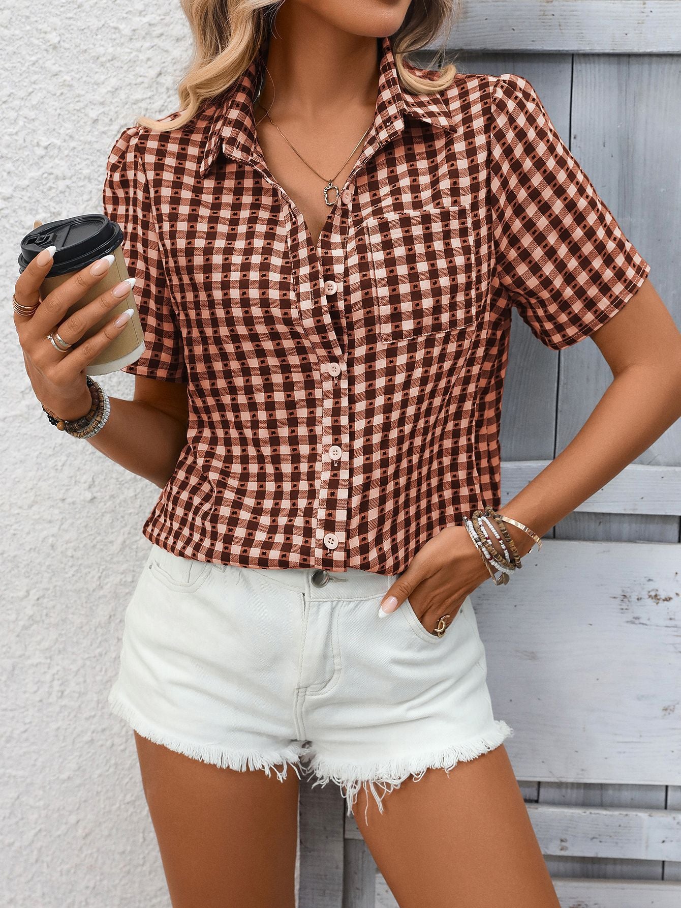 Casual Gingham Short Sleeve Button Down Shirt with Pocket