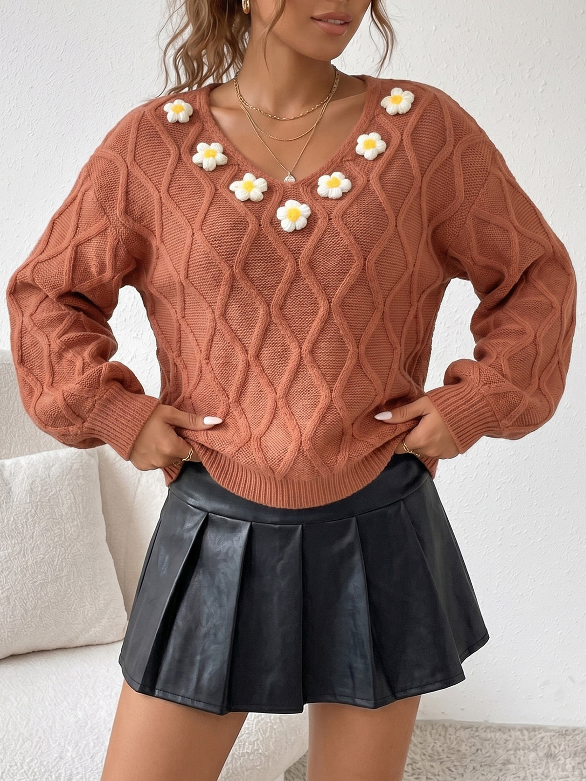 Women's Daisy V Neck Cable Knit Balloon Sleeve Sweater