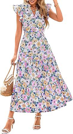 Floral V Neck Flutter Sleeve A Line Midi Dress
