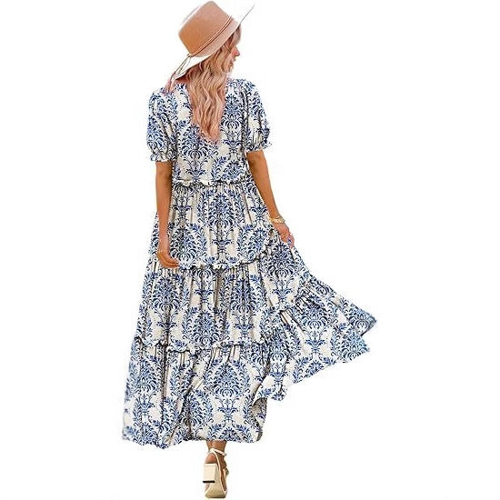 Floral Print Puff Sleeve Tiered Maxi Dress for Summer
