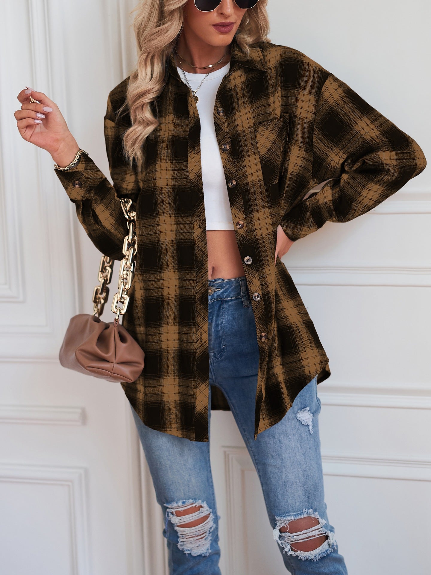 Plaid Flannel Shirt Jacket Oversized Button Up Shacket