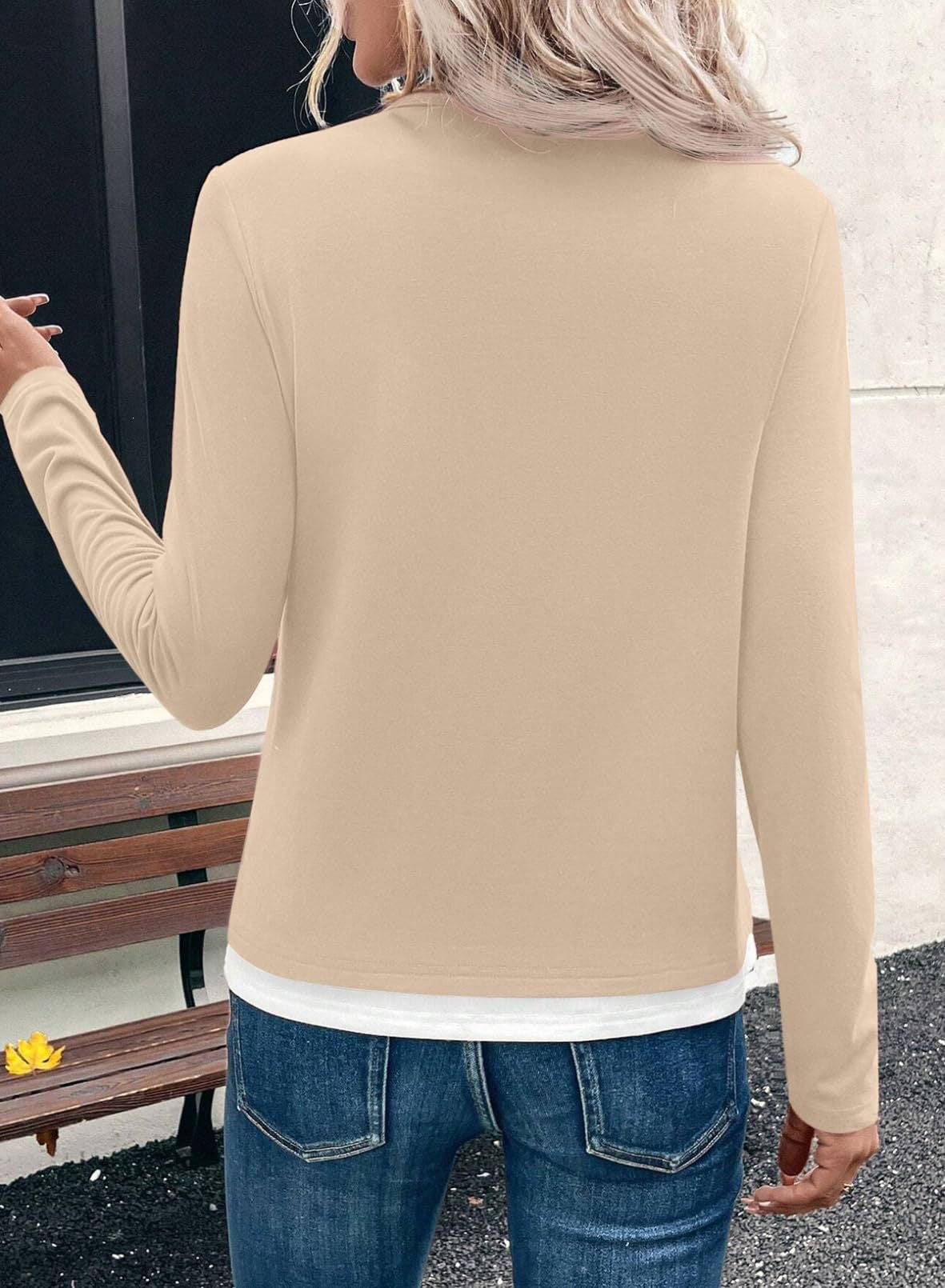 Color Block Long Sleeve Top Layered Look Casual Tee