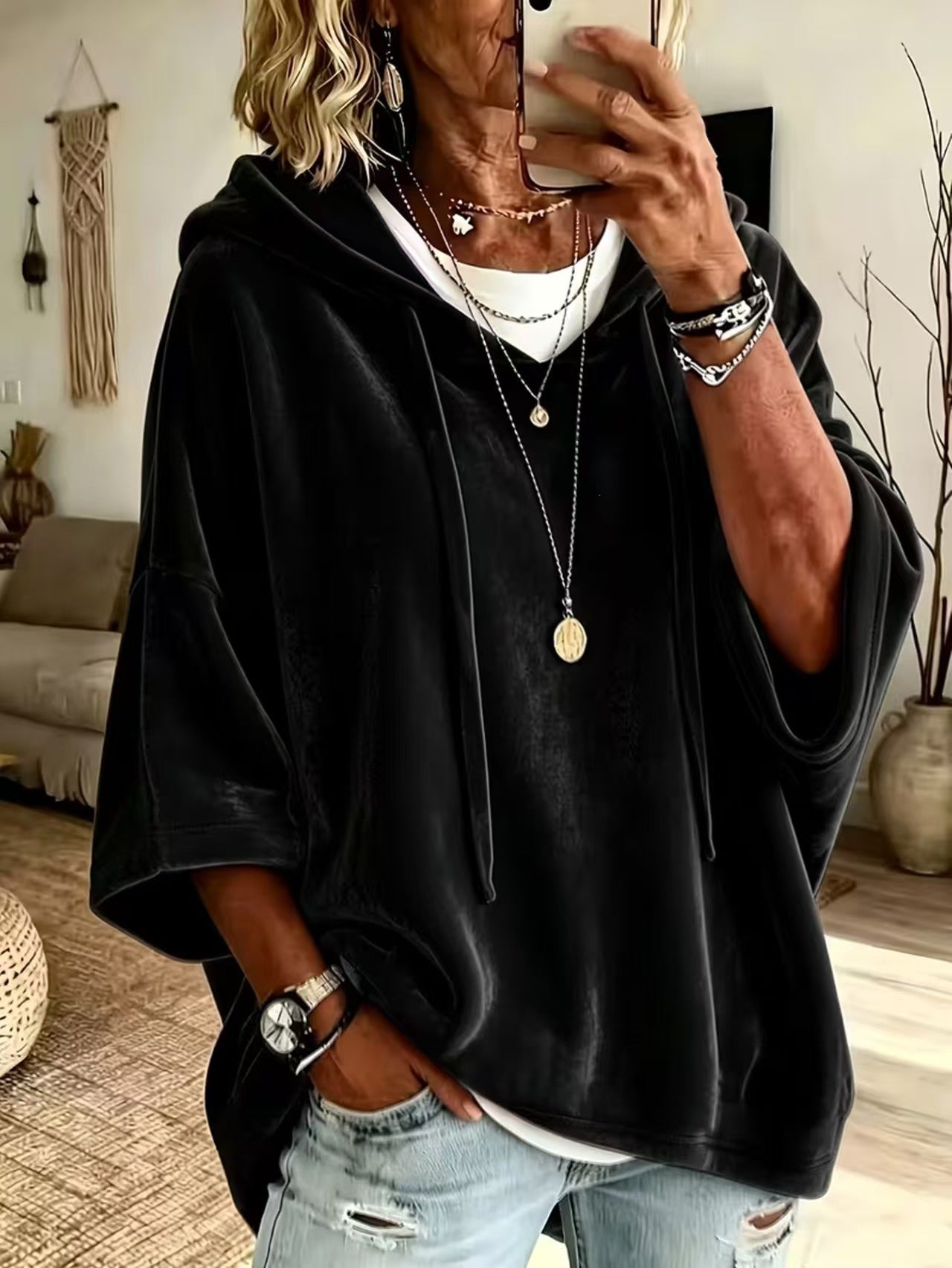 Women’s Oversized V Neck Hooded Sweatshirt 3/4 Sleeve Pullover