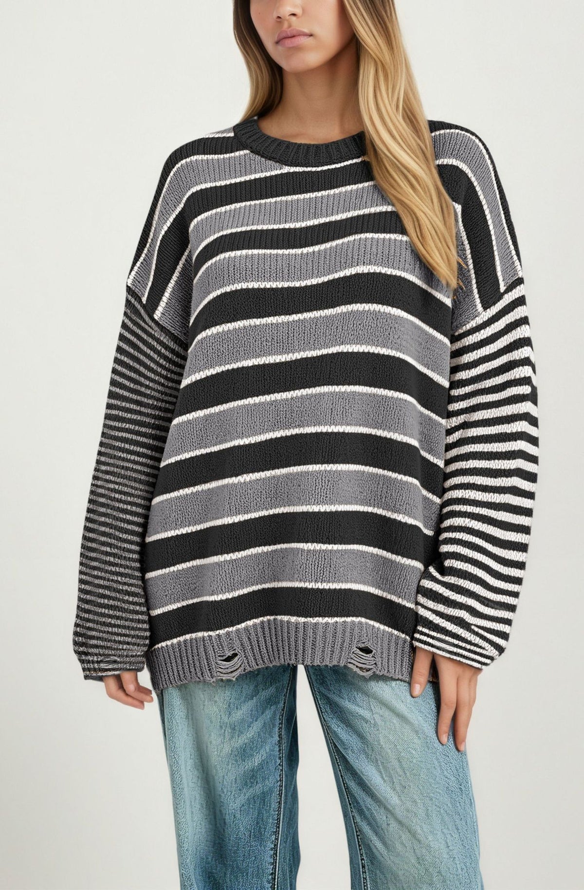 Womens Oversized Striped Crewneck Pullover Sweater