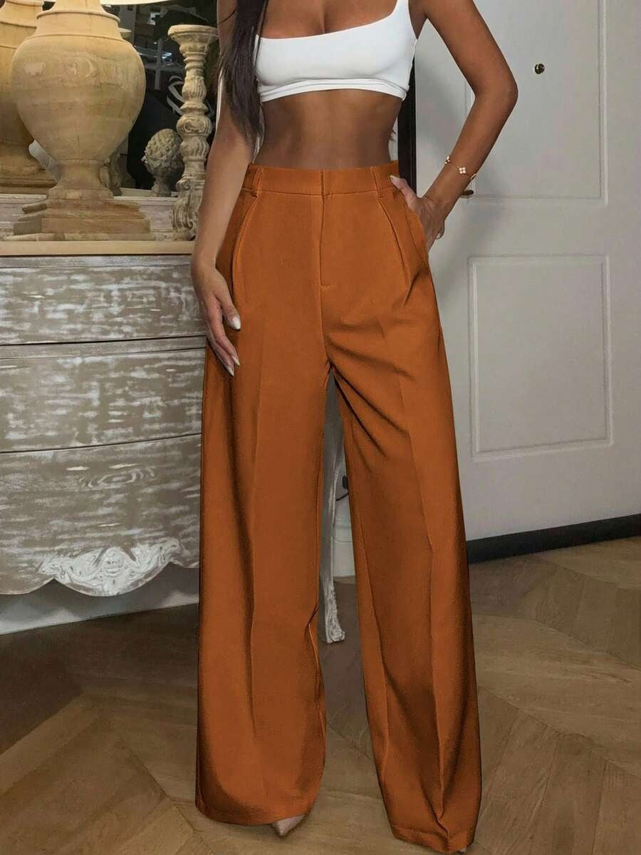 Solid High Waisted Wide Leg Dress Pants Business Work Trousers